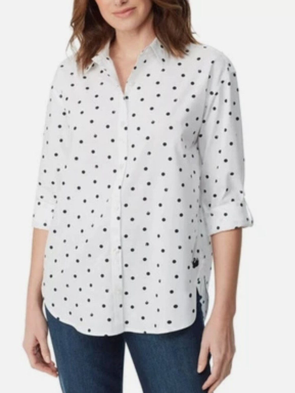 Gloria Vanderbilt White Button-Down Shirt with Black Polka Dots